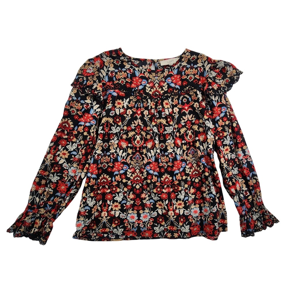 LOFT Black Floral Ruffle Eyelet Long Sleeve Blouse‎ Cottagecore Boho Peasant L